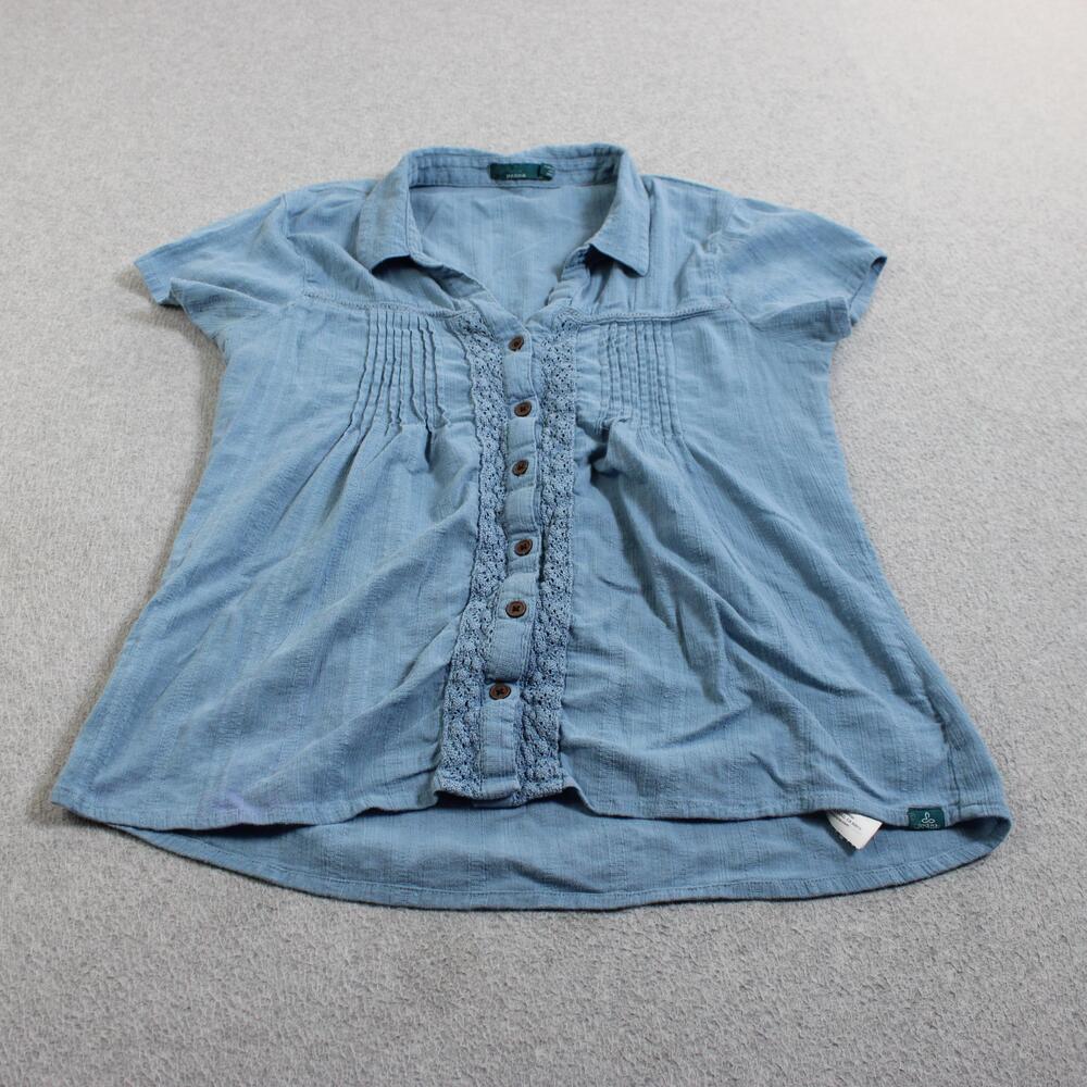 PrAna Shirt Women Medium Blue Organic Cotton Crochet Pintuck Button Short Sleeve